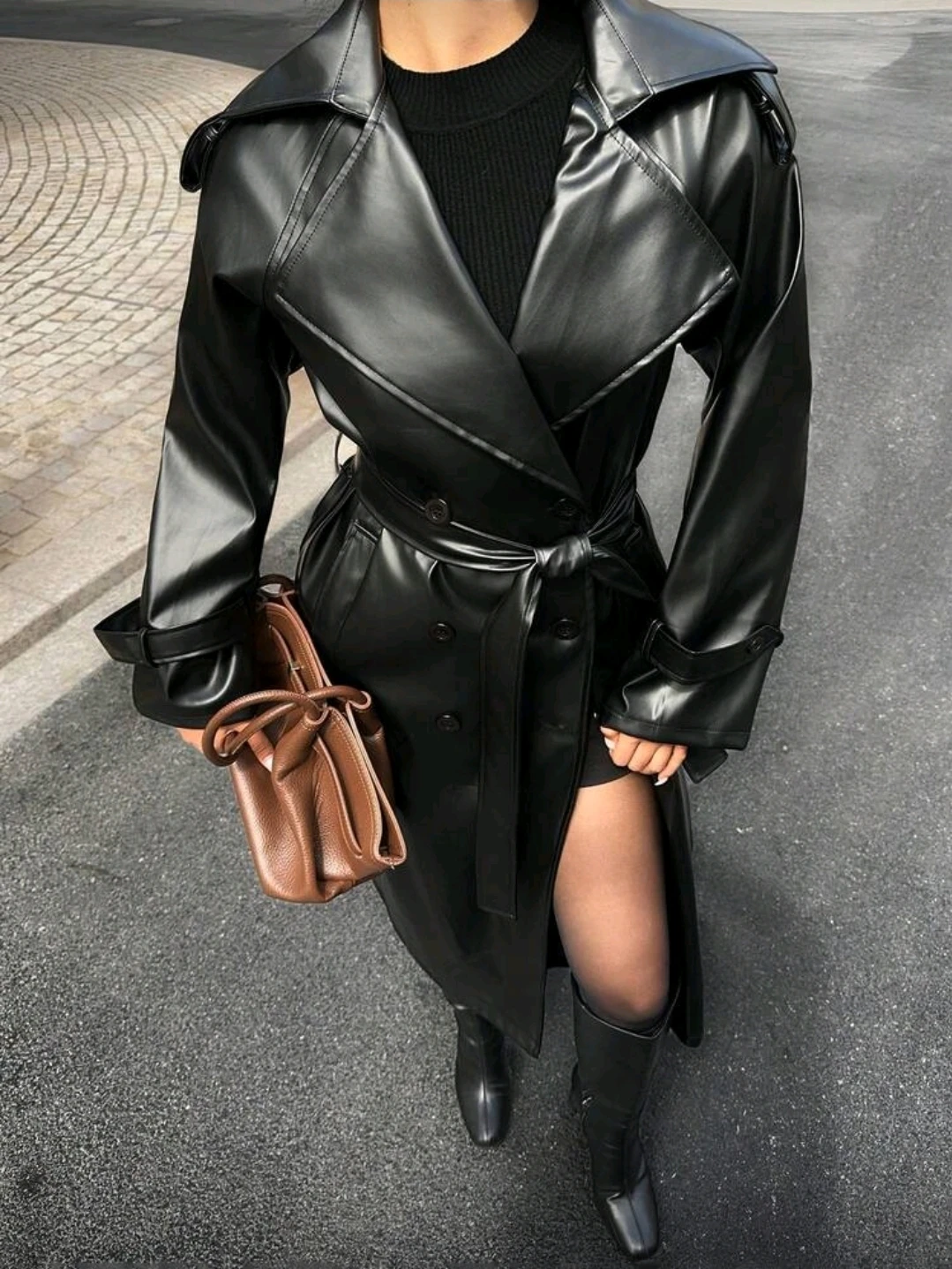 NEW Black Faux Leather Trench Coat - photo 3