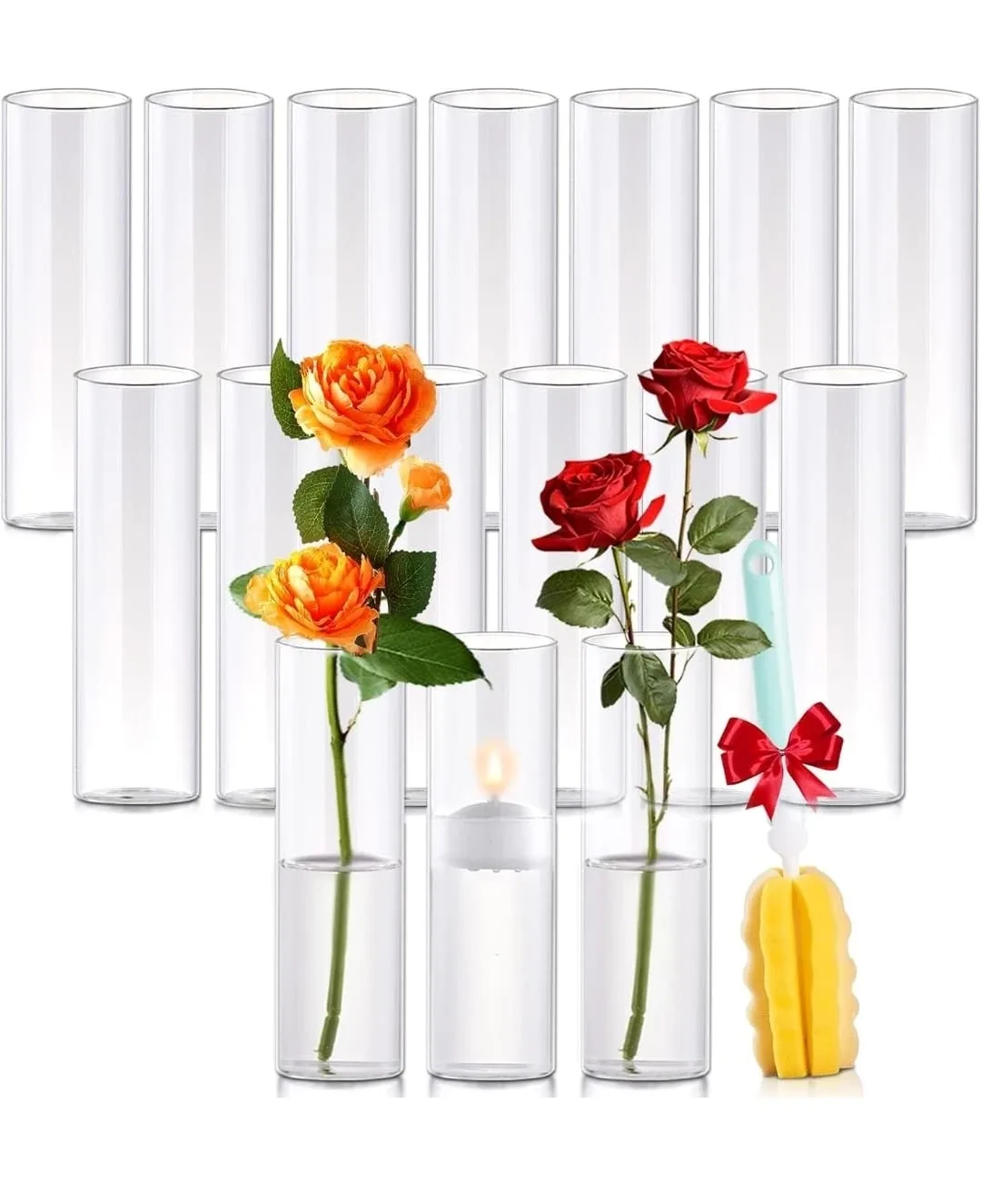 Clear Glass Cylinder Vases - set of 16
