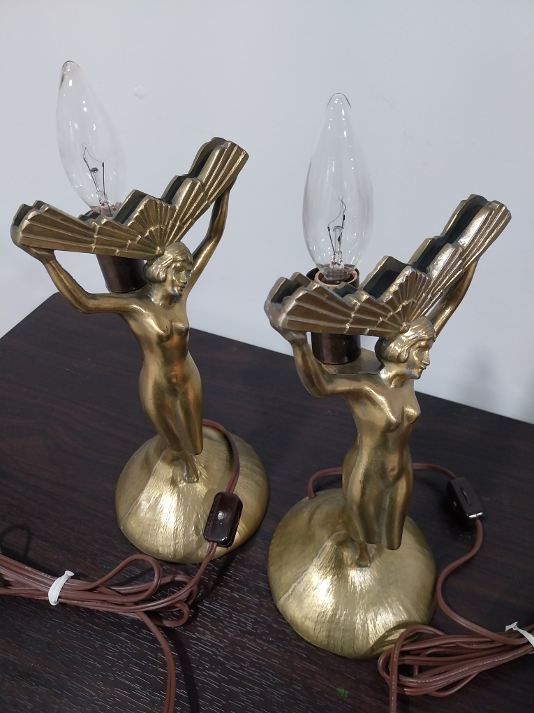 Art Deco Lady Sculpture Victory Metal Table Lamp Pair - photo 4