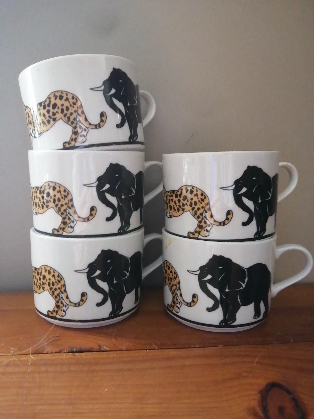 Set of 5 White Mugs with Animal Print