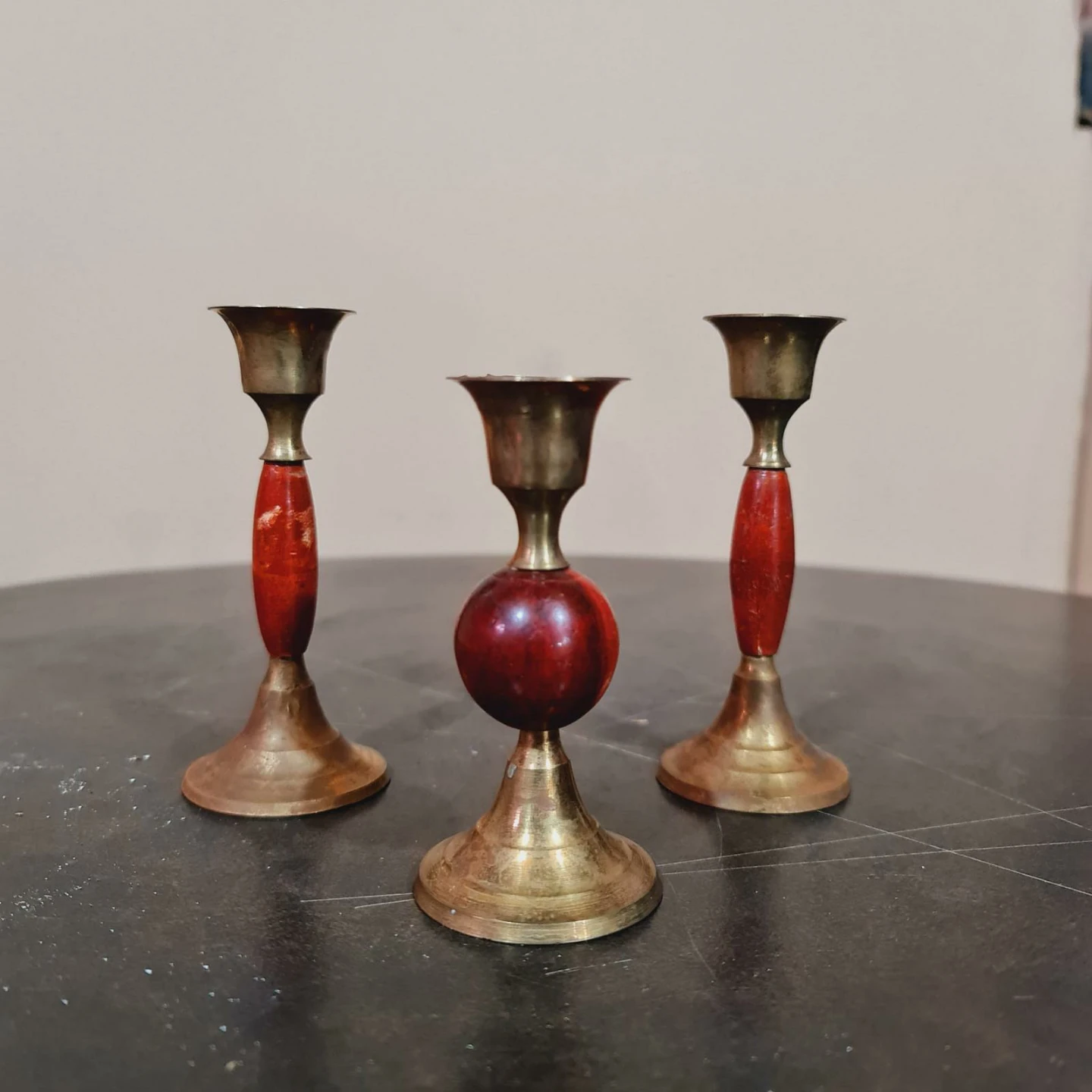 Brass & Wood Candle Holders (Set of 3)