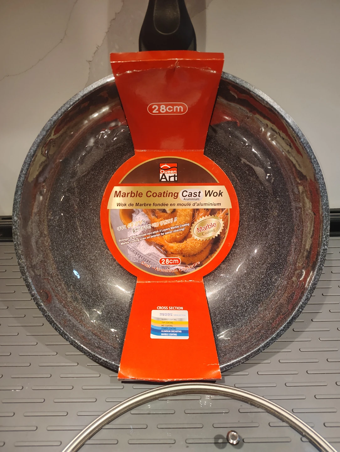 RARELY USED 28cm Marble Coating Cast Aluminum Wok w Lid Korea - photo 3