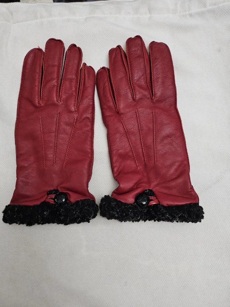 Red Leather Gloves with Fur Trim