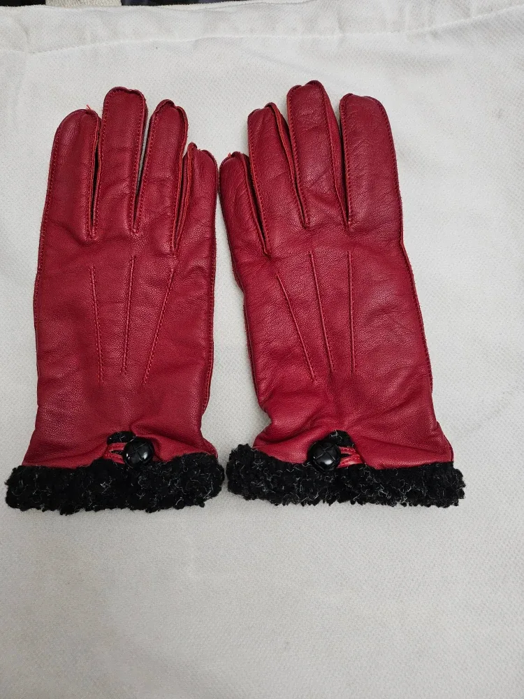 Red Leather Gloves with Fur Trim