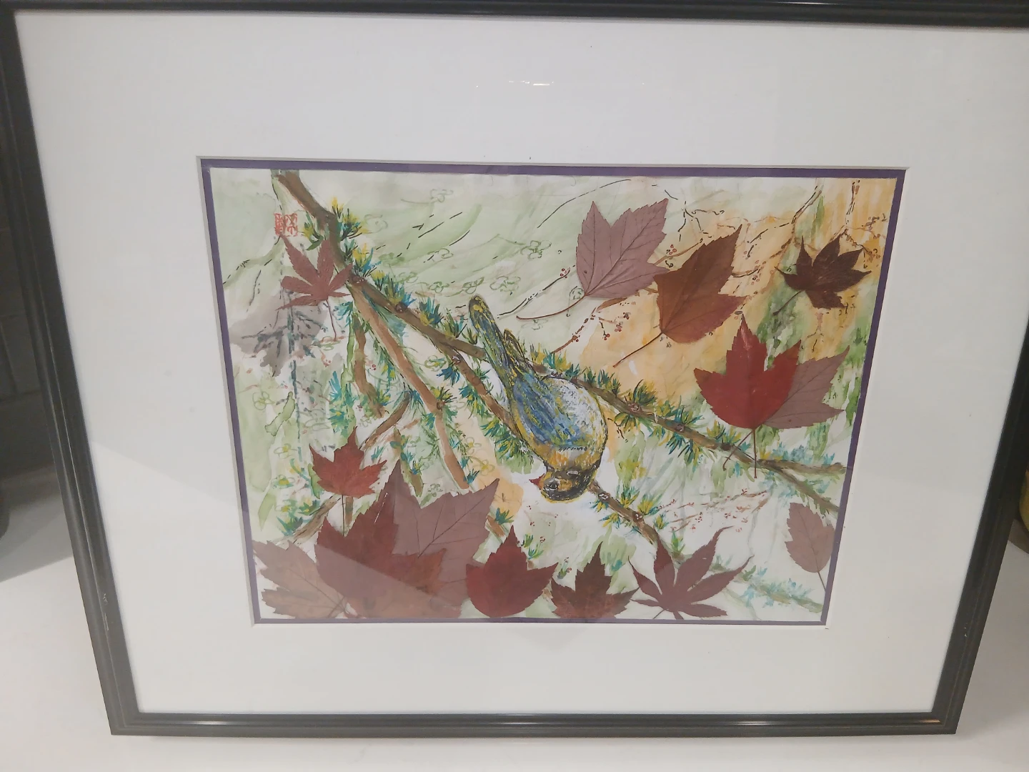 Framed Bird & Maple Leaf Watercolour Painting