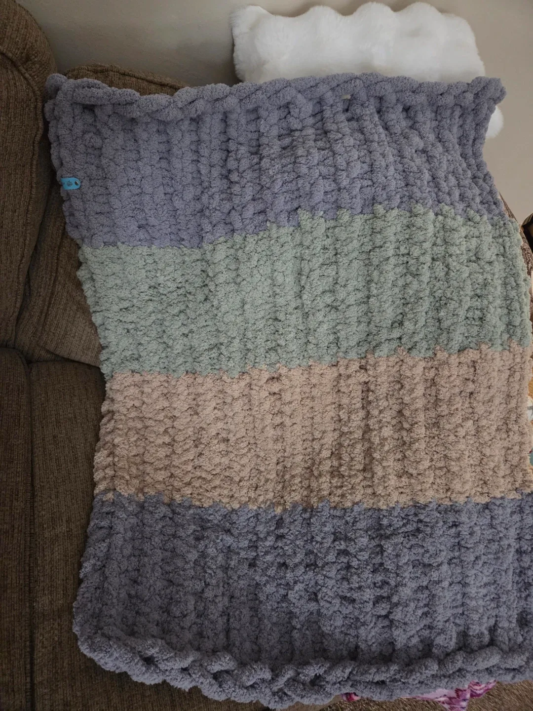 Handmade Chunky Knit Blanket - Blue, Green, Beige