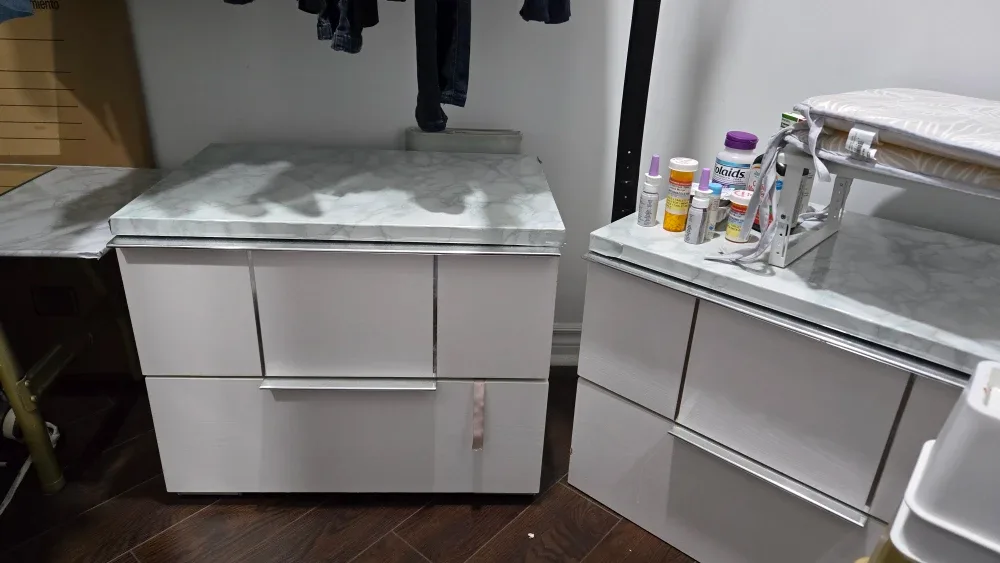 Pair of White Nightstands with Marble Top