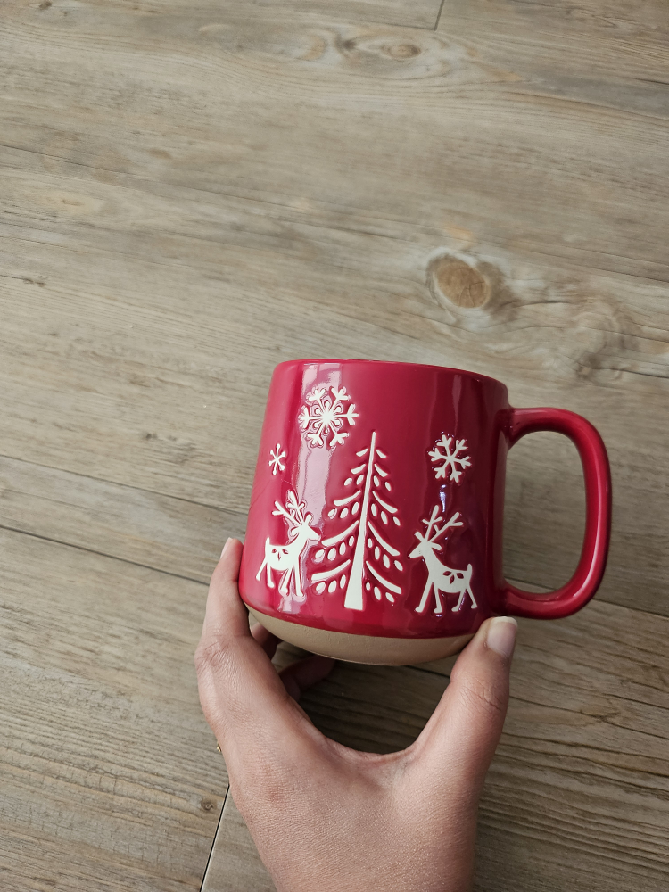 Red Holiday Mug with Reindeer Design