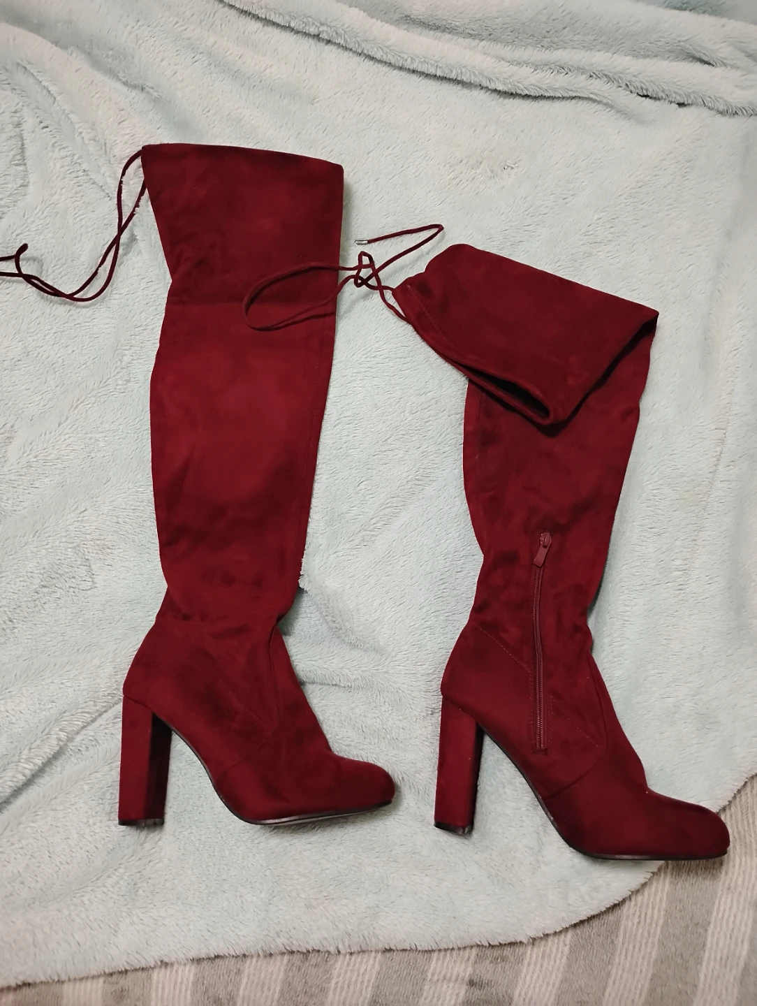 Burgundy Thigh -High Velour Boots