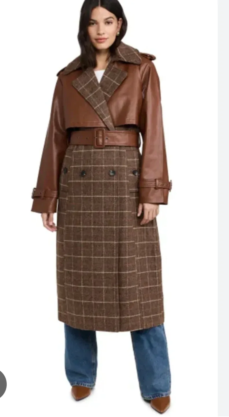 Avec Les Filles Size S-M Plaid Faux-Leather Belted Coat