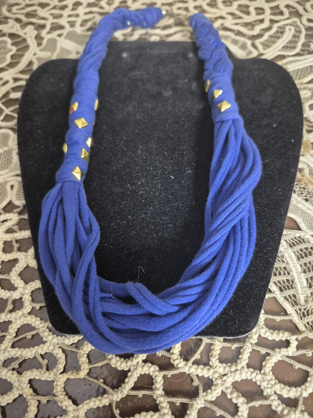 new Blue Fabric Necklace with Gold Studs