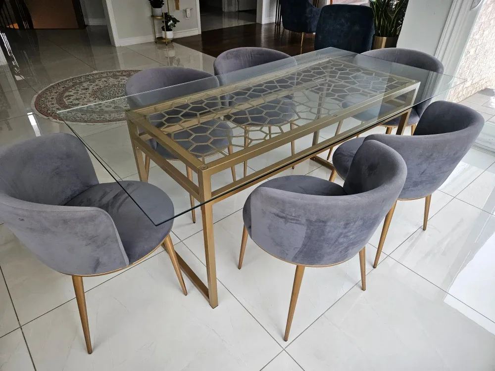 Glass Top Dining Table with 6 Grey Velvet Chairs
