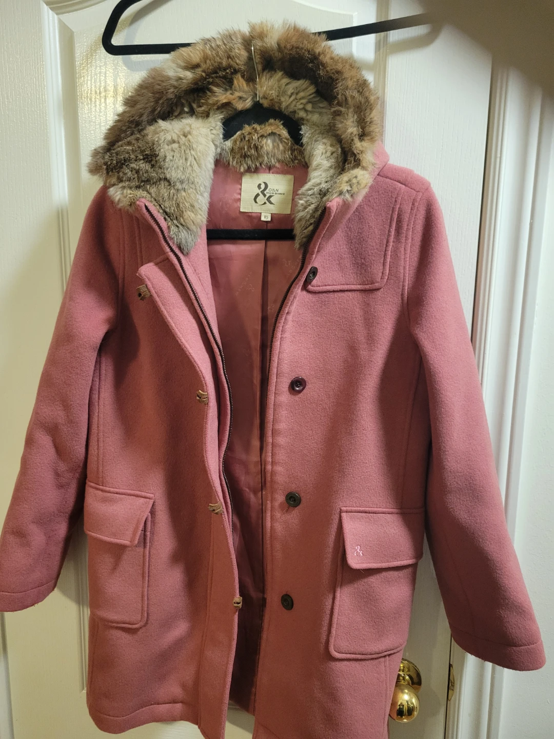 D&N Pink Wool Coat with Fur Hood - Size 95