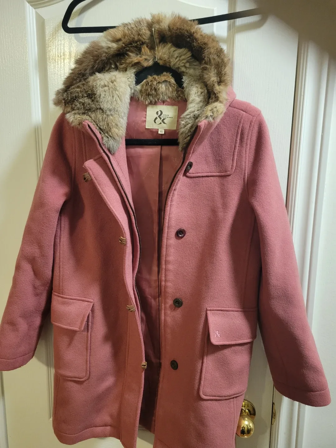 D&N Pink Wool Coat with Fur Hood - Size 95