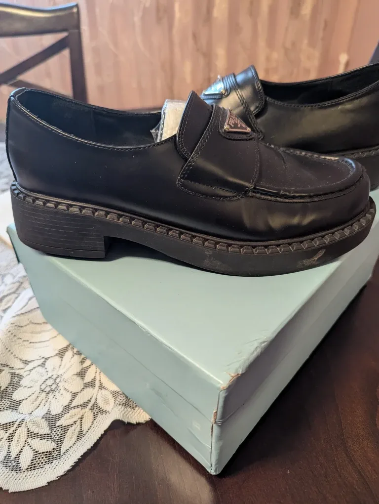 Prada Black Leather Loafers, Size Unknown