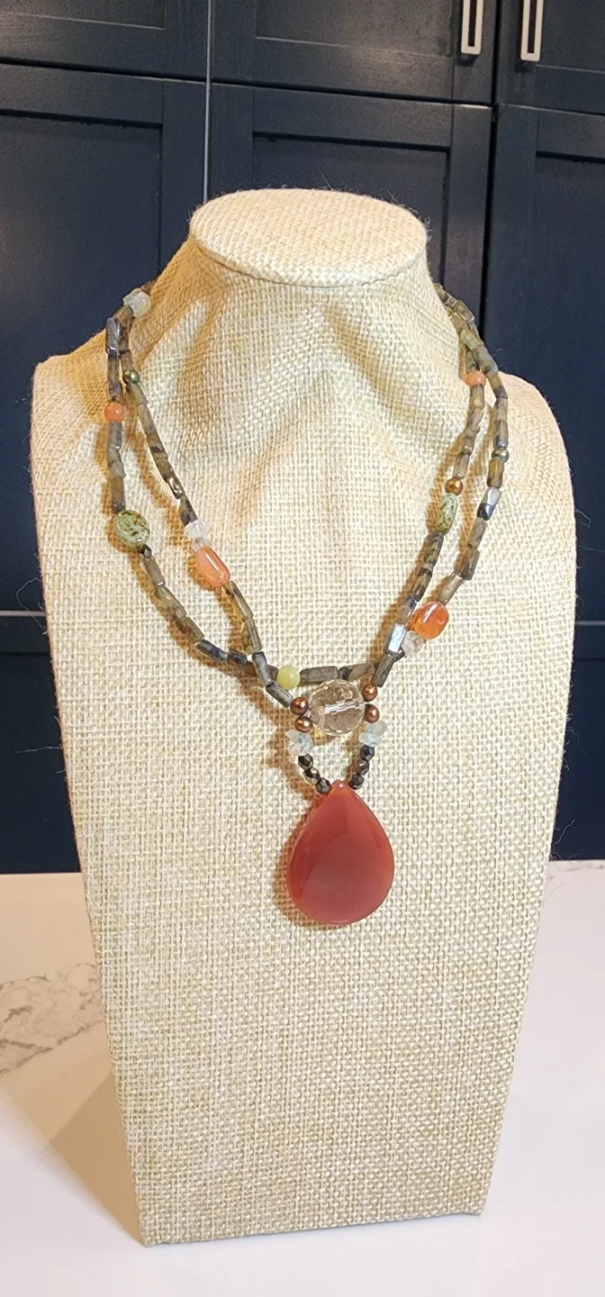 Beaded Necklace with Red Teardrop Pendant