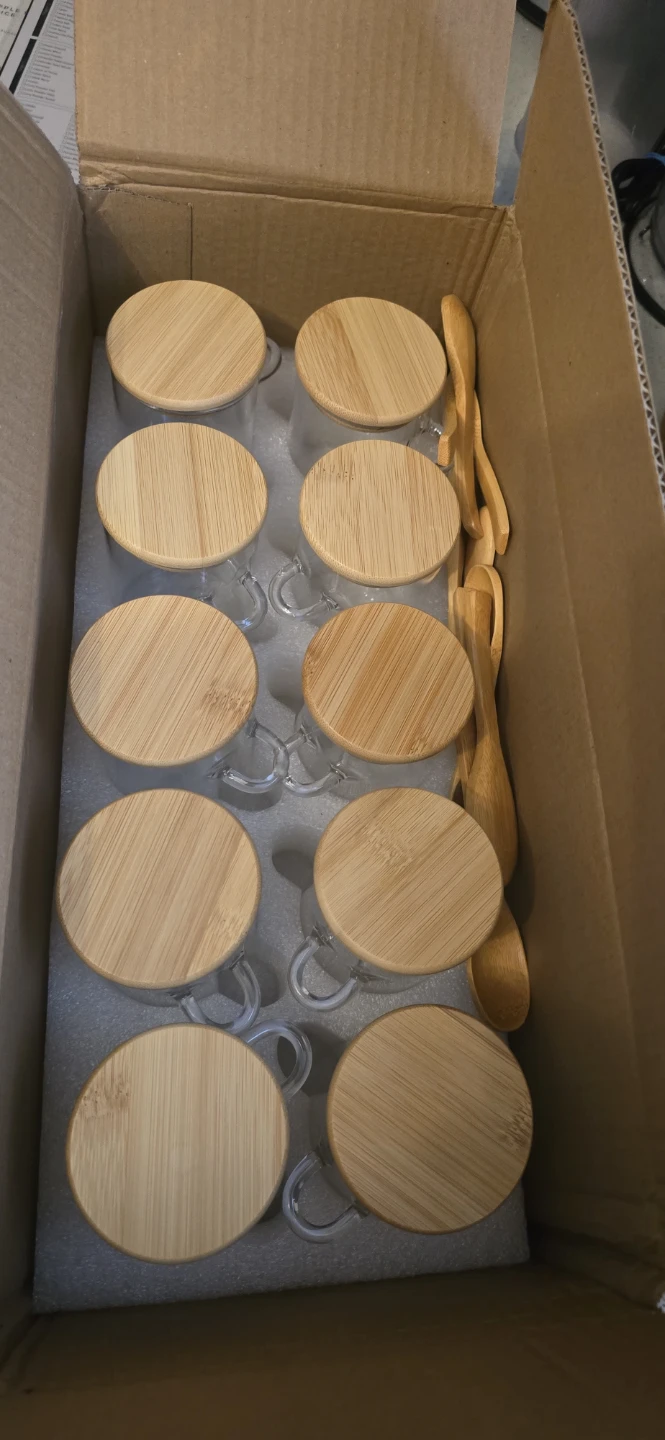 Brand new 10 glass jars for spices with bamboo lid and spoons