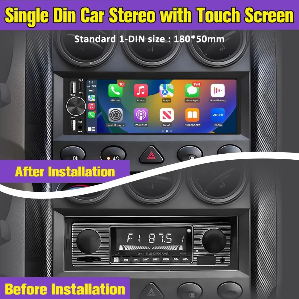 Universal Single Din Car Stereo Wireless CarPlay Android Auto - photo 3