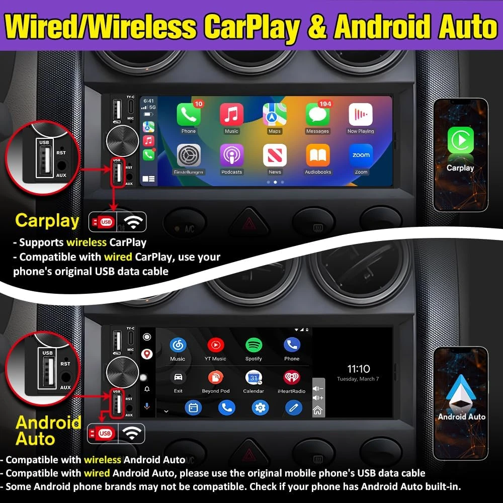 Universal Single Din Car Stereo Wireless CarPlay Android Auto - photo 5