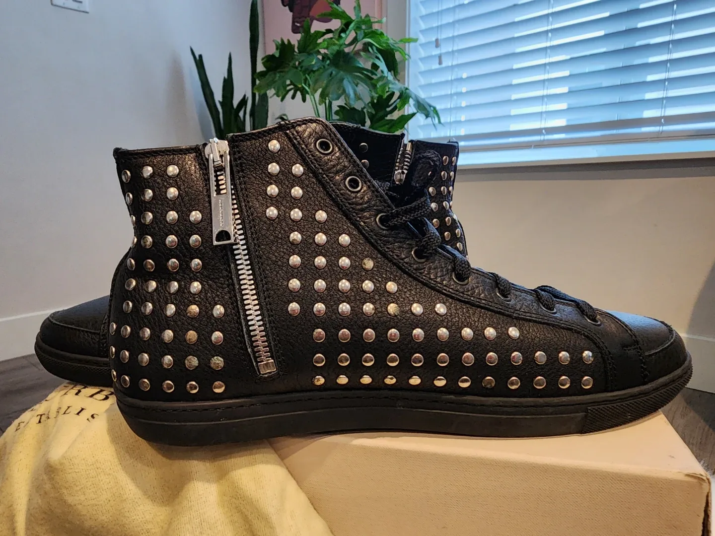 Burberry Black Leather Studded High-Top Sneakers - Size 40
