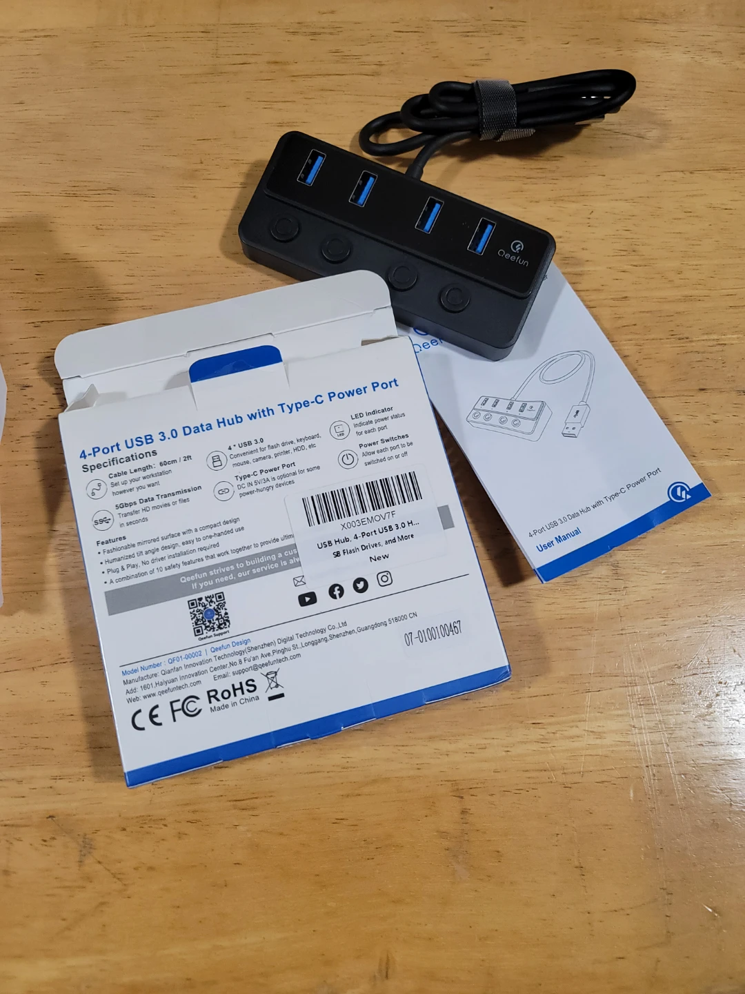 Qeefun 4-Port USB 3.0 Hub, Individual LED Power - photo 3