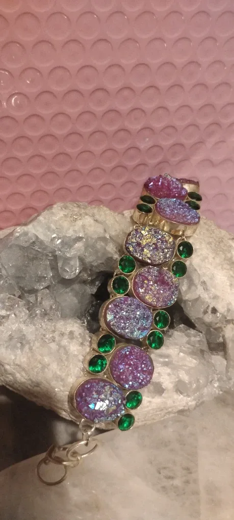 Druzy Quartz & Emerald Crystal Gems  Bracelet
