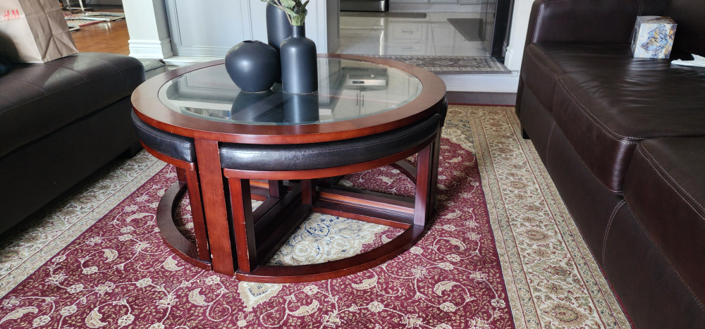Round Glass Top Coffee Table with Ottomans