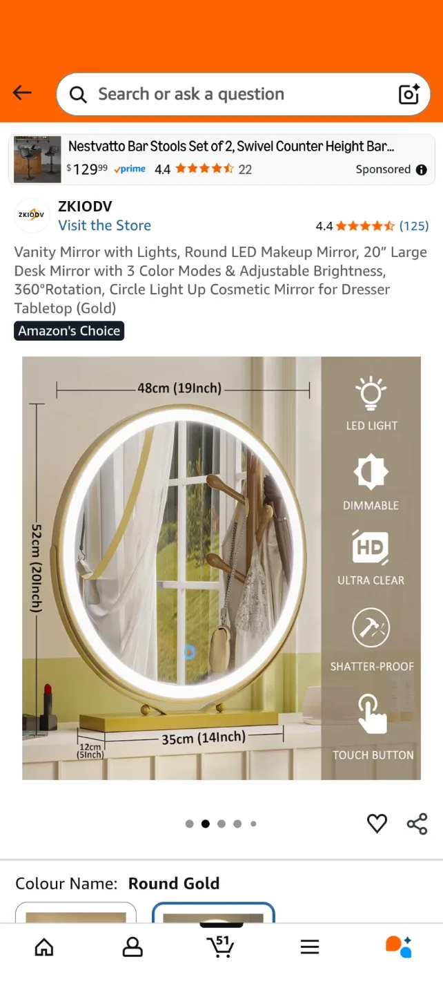ZKIOV Vanity Mirror w/ Lights - Round Gold image indicator(2)