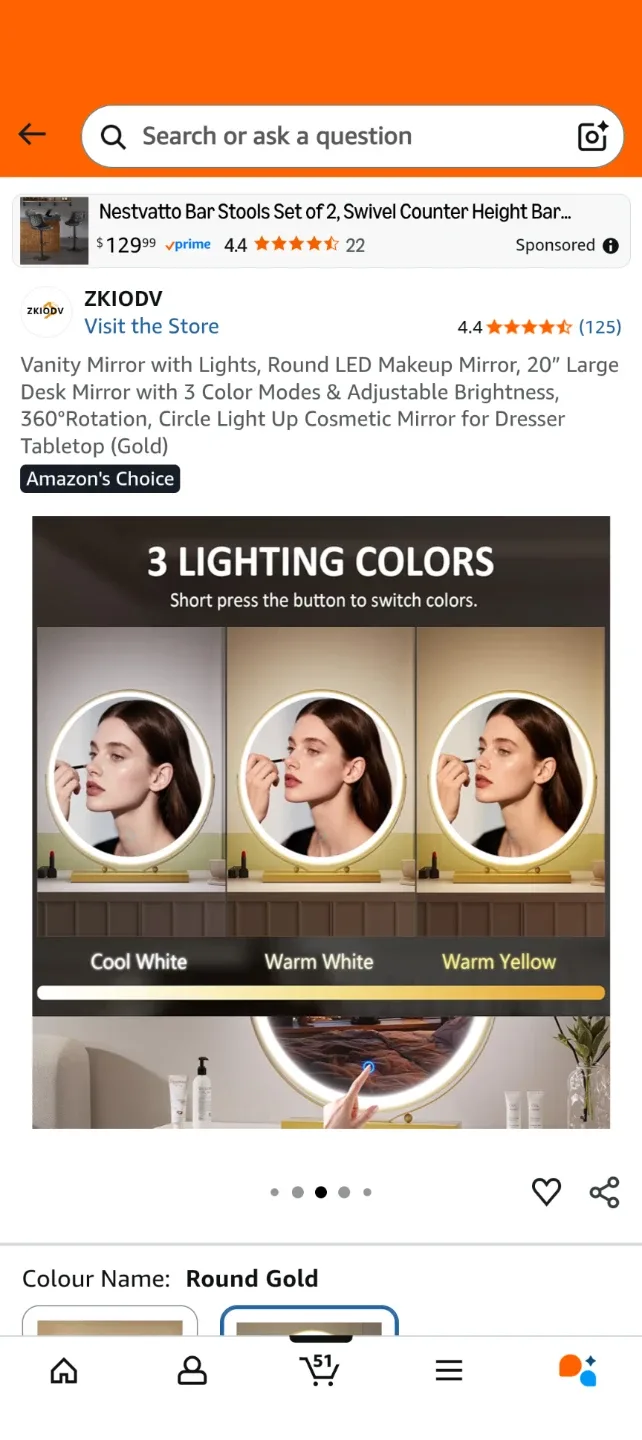 ZKIOV Vanity Mirror w/ Lights - Round Gold image indicator(4)