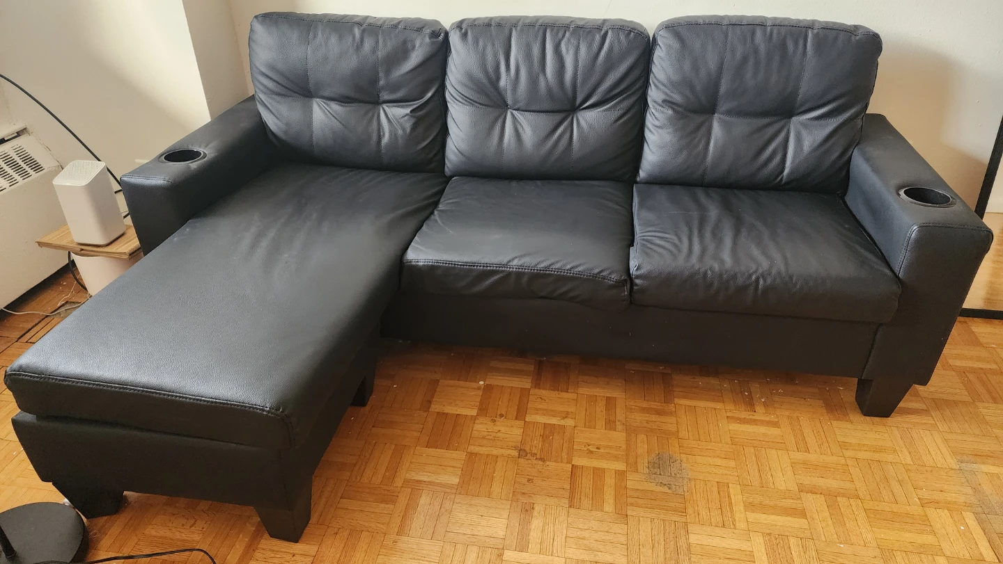 Black Faux Leather 3-Seater Sofa with Ottoman