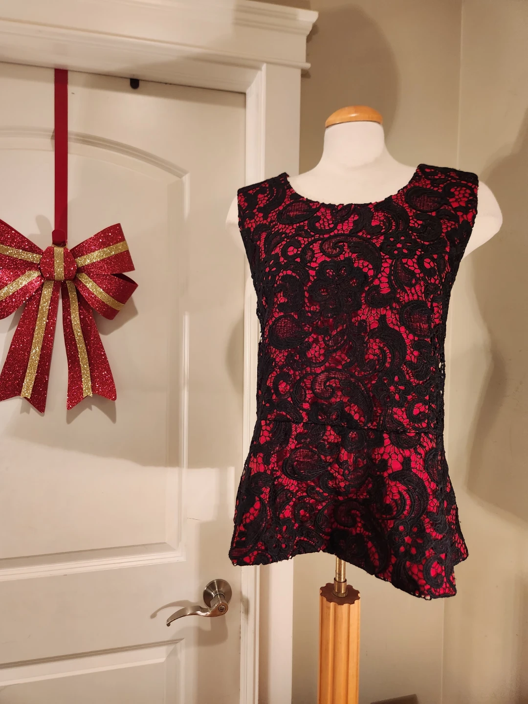 NESS OVERLAY Red & Black Lace Peplum Top