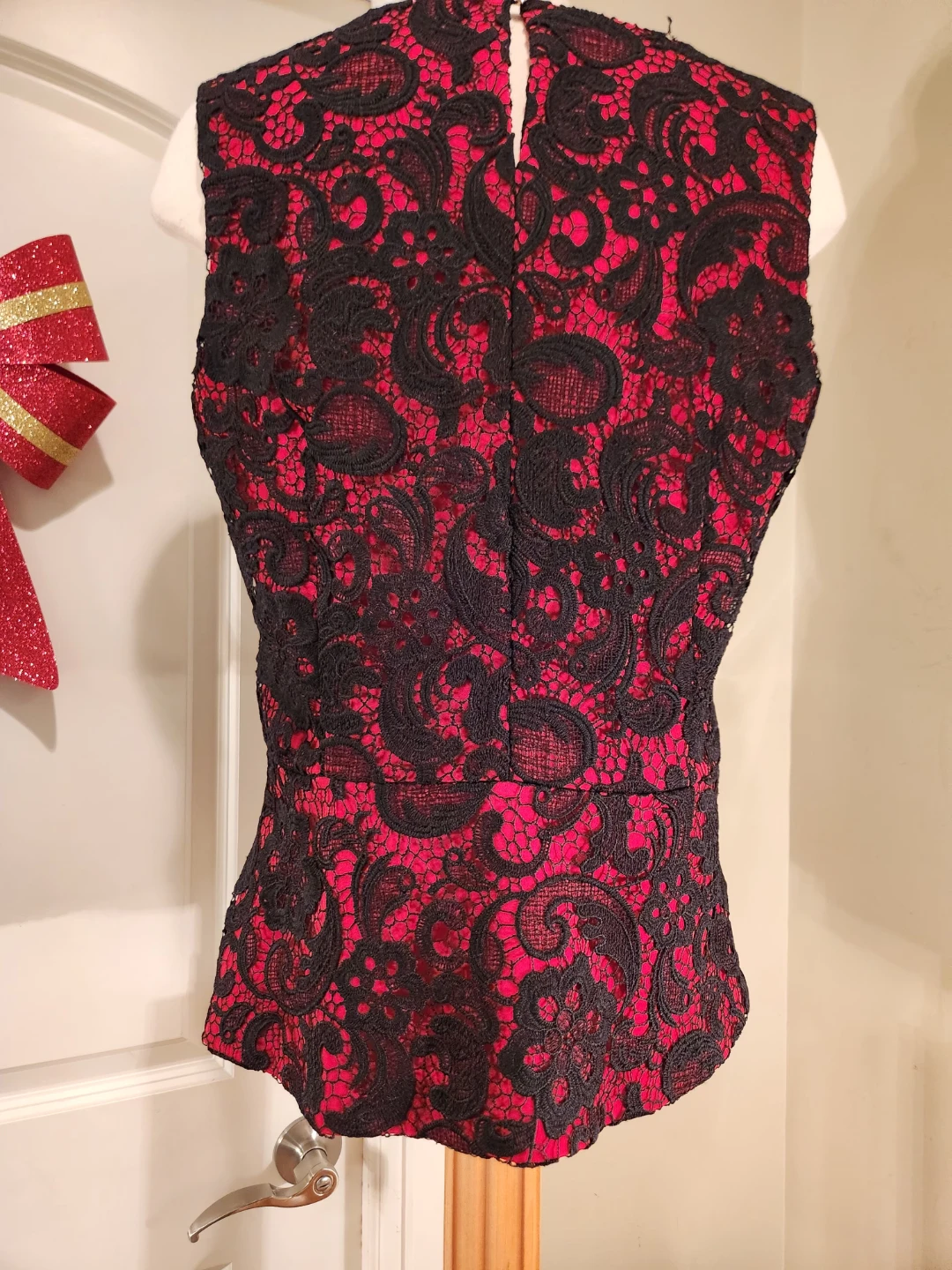 NESS OVERLAY Red & Black Lace Peplum Top - photo 3