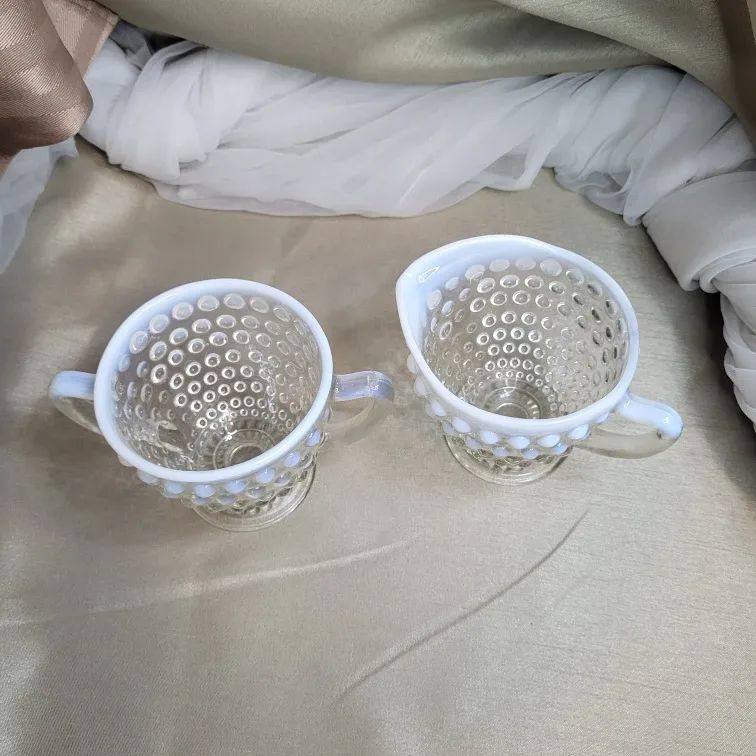 Vintage Anchor Hocking Moonstone Hobnail Cream and Sugar Set image indicator(10)