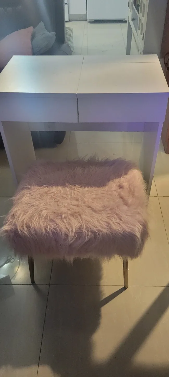 White Vanity Table with Pink Furry Stool
