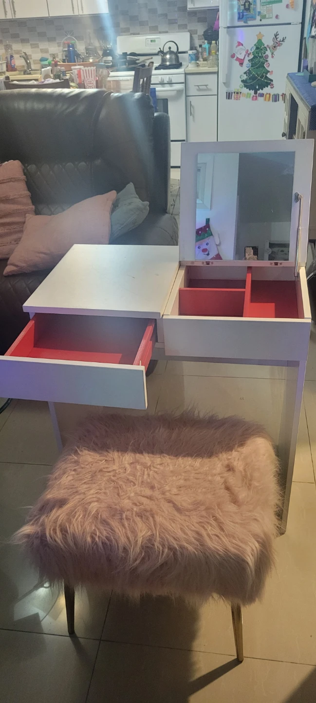 White Vanity Table with Pink Furry Stool - photo 2