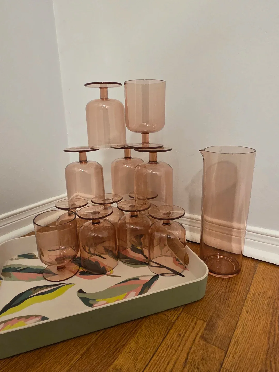 Pink Drinkware Set: Pitcher, Tray & 10 Glasses