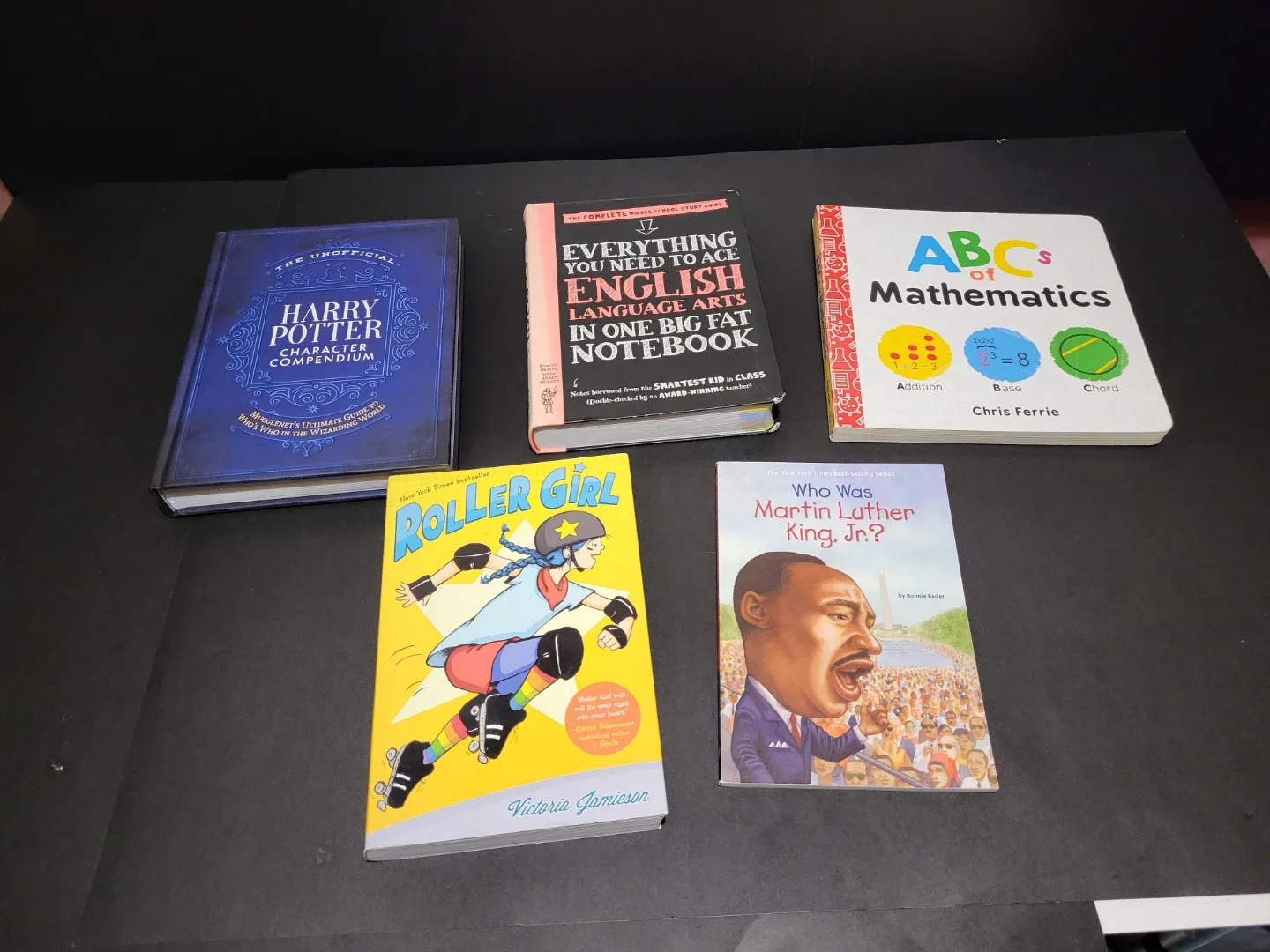 4 Children's Books: Harry Potter, Roller Girl, English, Math
