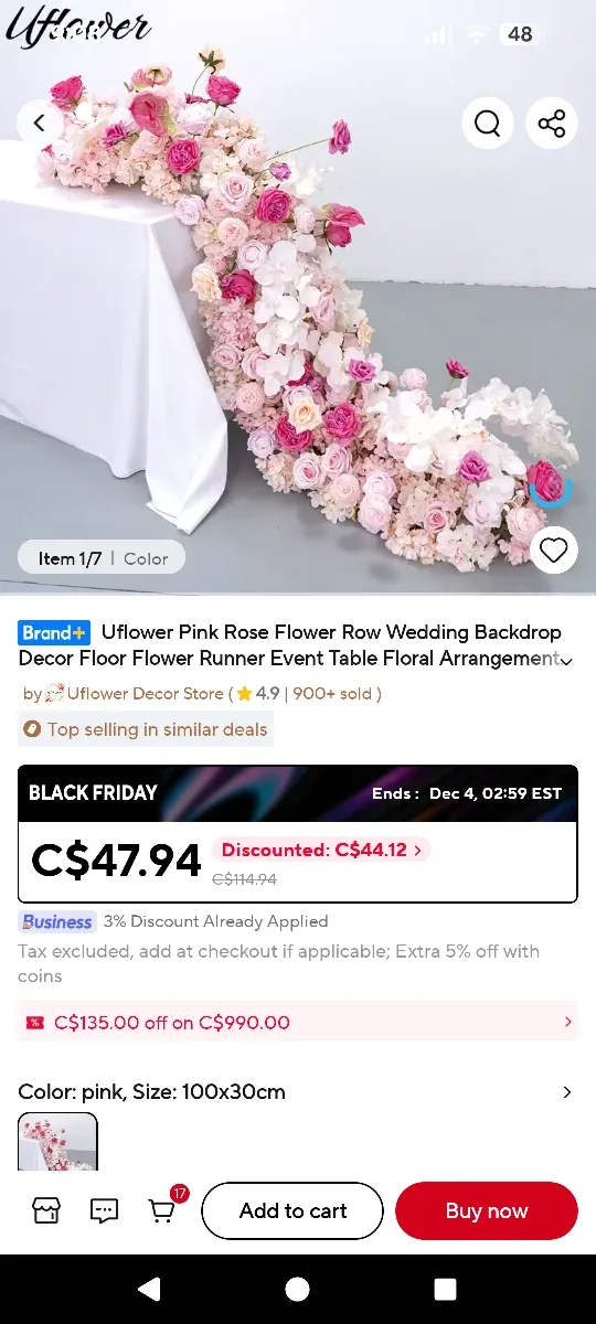 Uflower Pink Rose Flower Runner 100x30cm