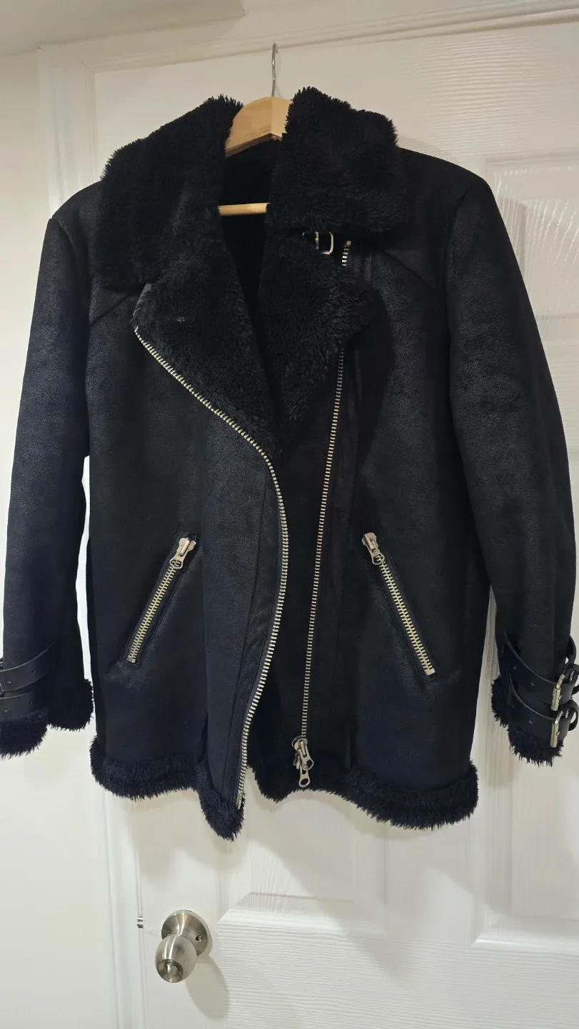 Black Faux Shearling Biker Jacket