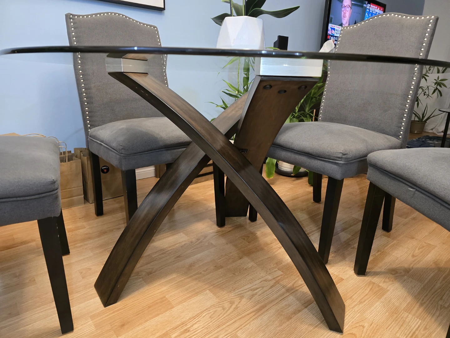 Glass Top Dining Table with 4 Grey Chairs