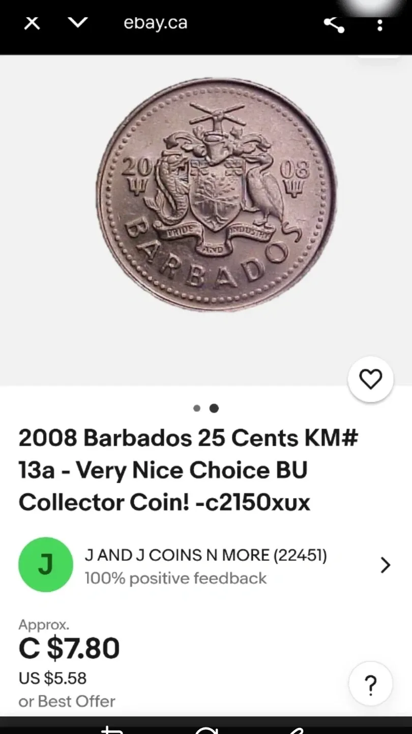 2008 Barbados 25 Cents Coin
