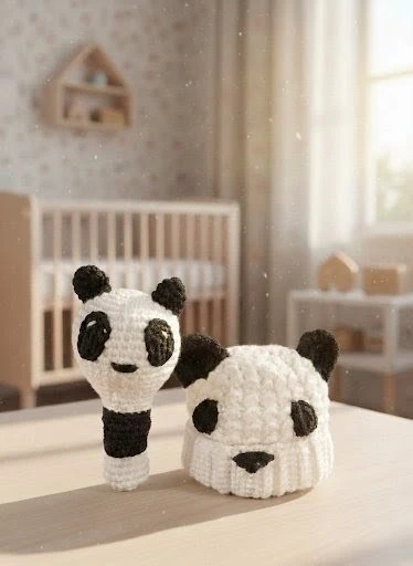 Handmade Crochet Panda Rattle and Hat Set