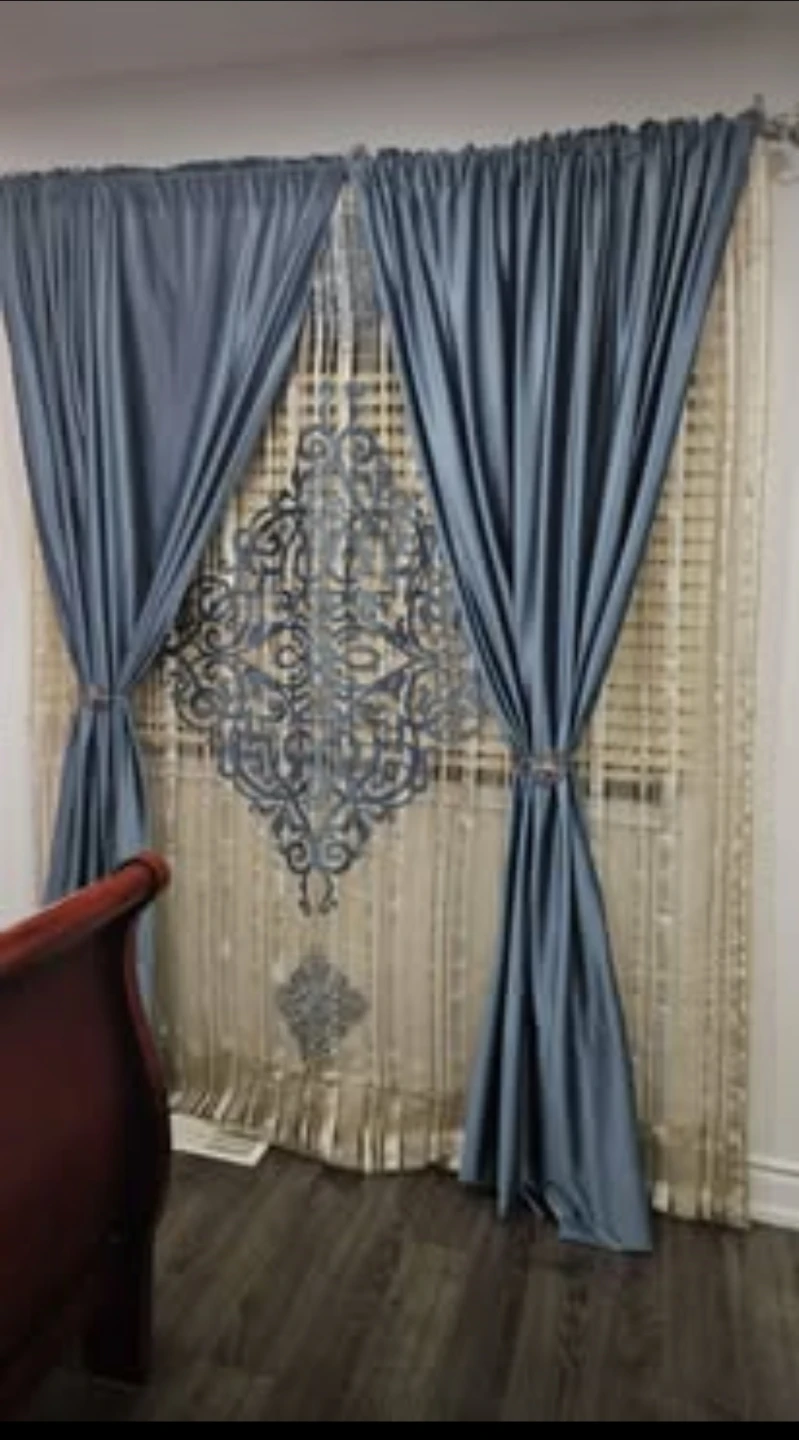 Velvet Blue Window Curtains with sheer panel - photo 2