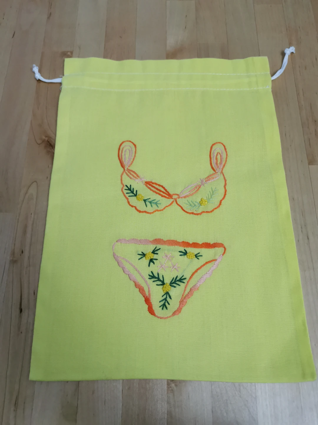 Yellow Embroidered Lingerie Drawstring Bag