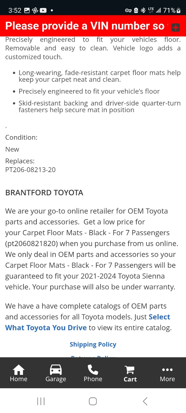 New Toyota Sienna Carpet Floor Mats - Black - photo 2
