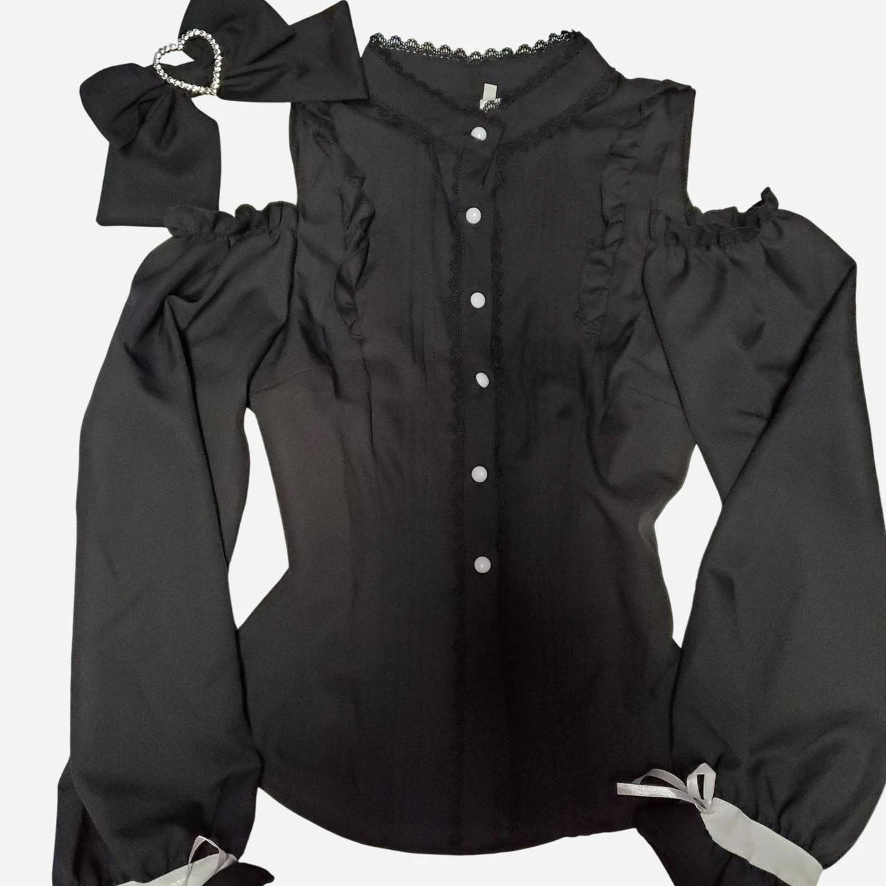 Black ruffle open shoulder bow blouse/top - photo 4