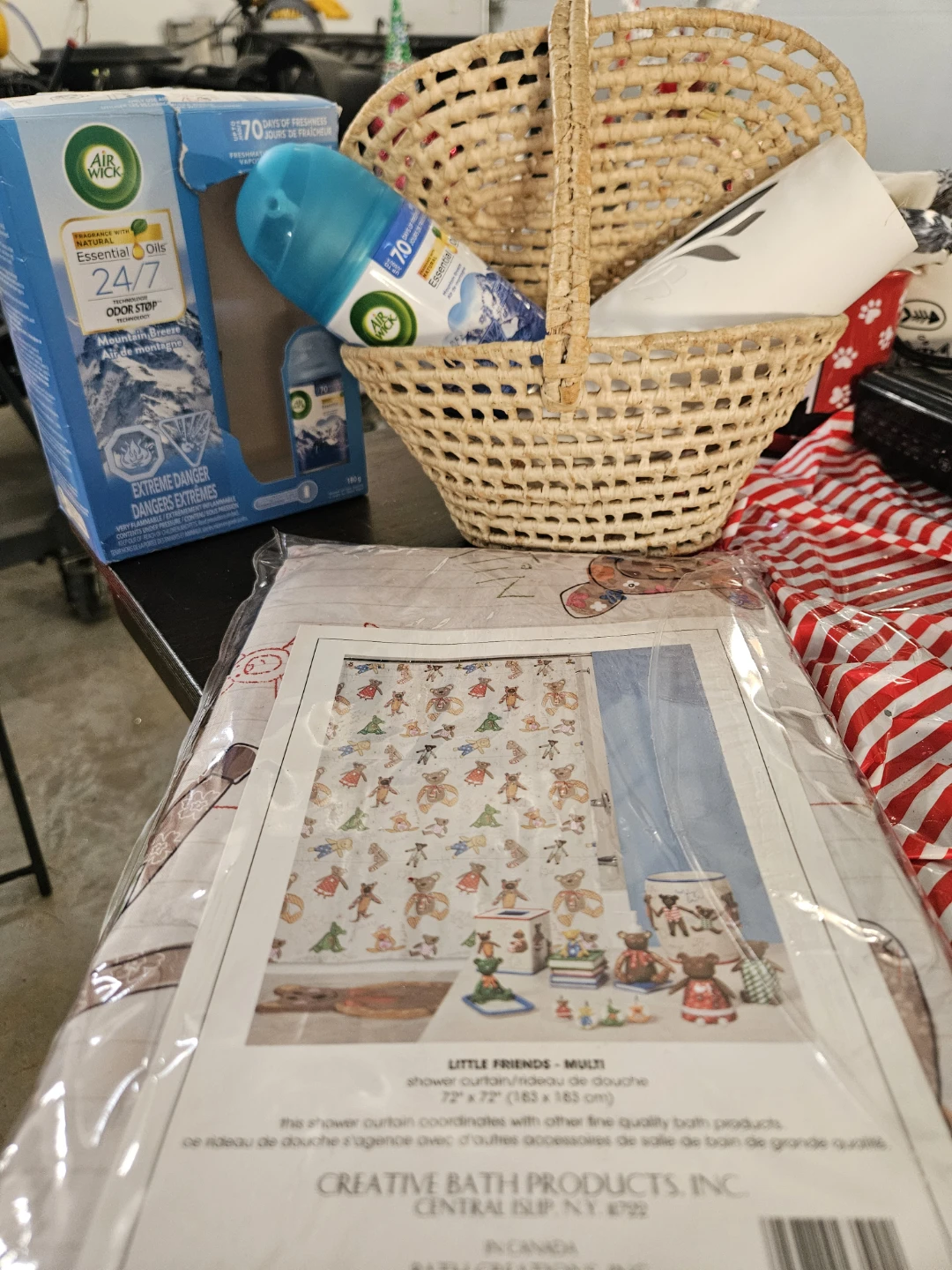 Creative Bath Shower Curtain, Air Wick and basket