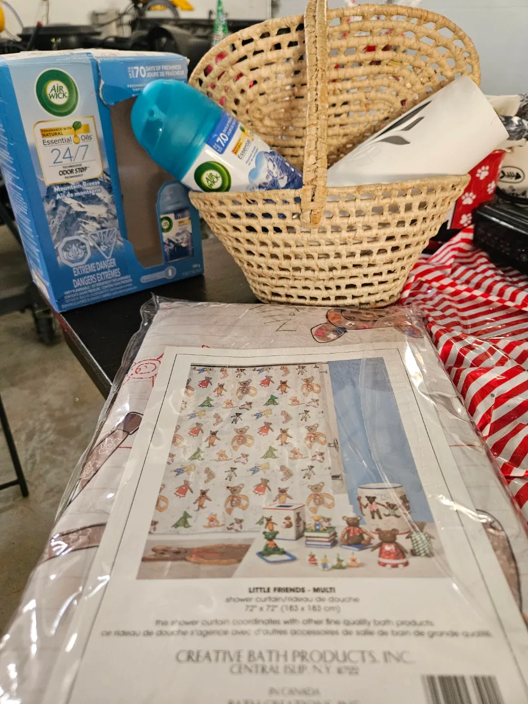 Creative Bath Shower Curtain, Air Wick and basket