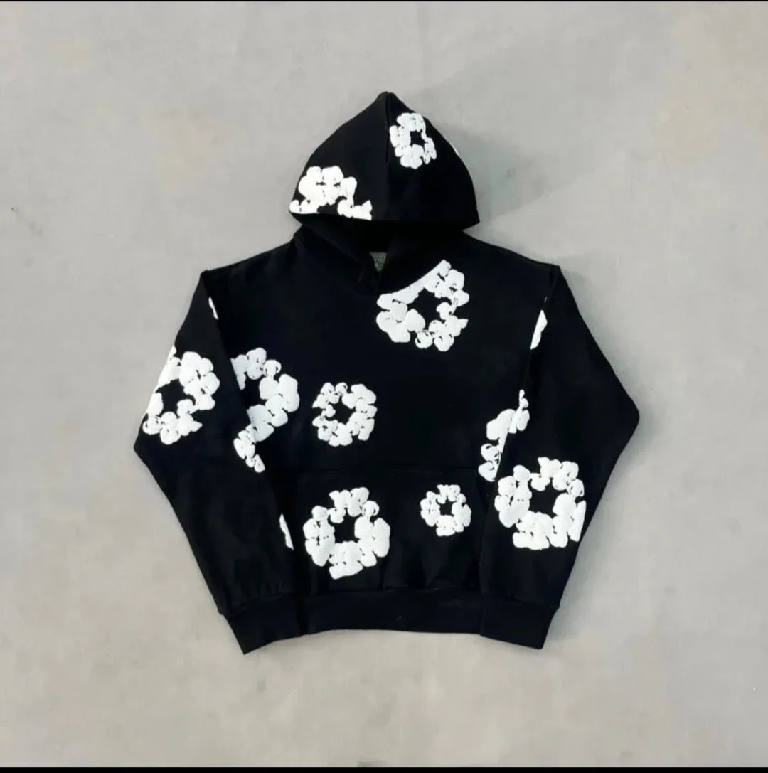 Black Hoodie with White Floral Pattern