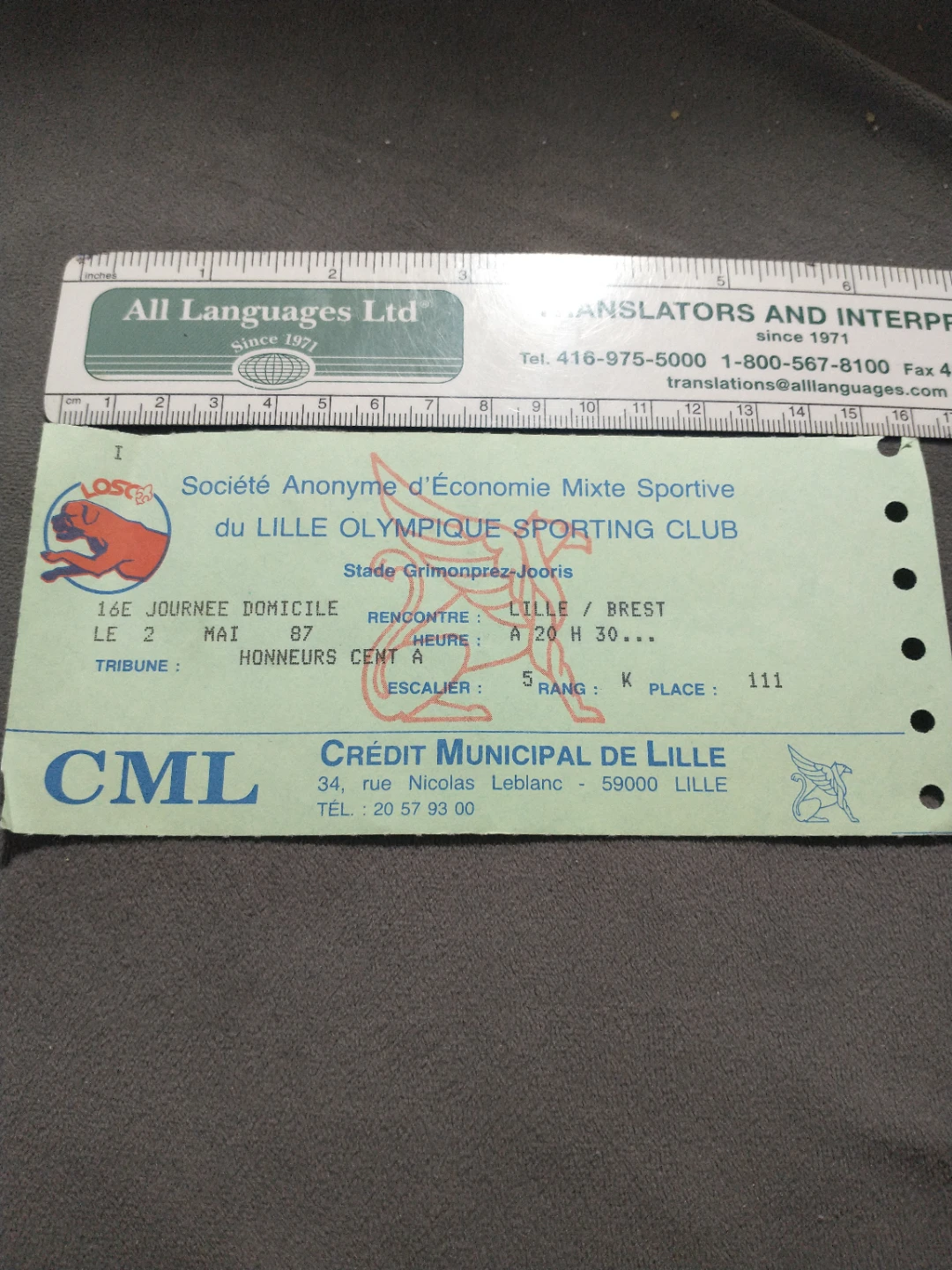 Rare 1987 LOSC Lille Olympique SC pro French FC ticket vs Brest